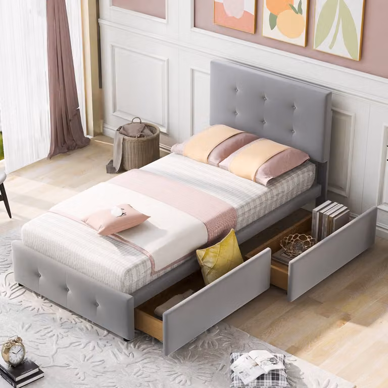 STILVORA Gestoffeerd Bed met Opberglade en Verstelbaar Hoofdbord, Grijs Fluweel, B/D: 90 x 200 cm