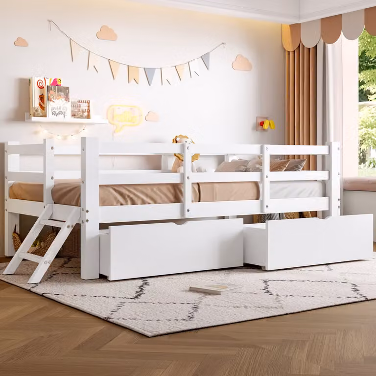 Wit Kinderbed met beschermhek met opening en 2 laden, Grenen en MDF, 90 x 200 cm