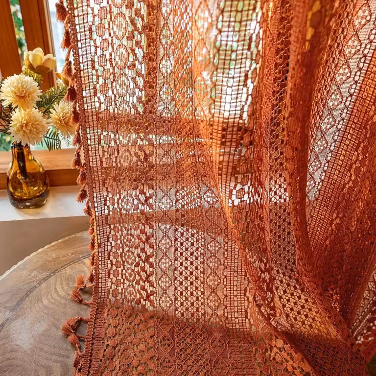 Boho Semi-transparante Gordijnen voor Woonkamer en Slaapkamer - 2 Panelen - Gekorreld Oranje - B: 150 cm, H: 160 cm