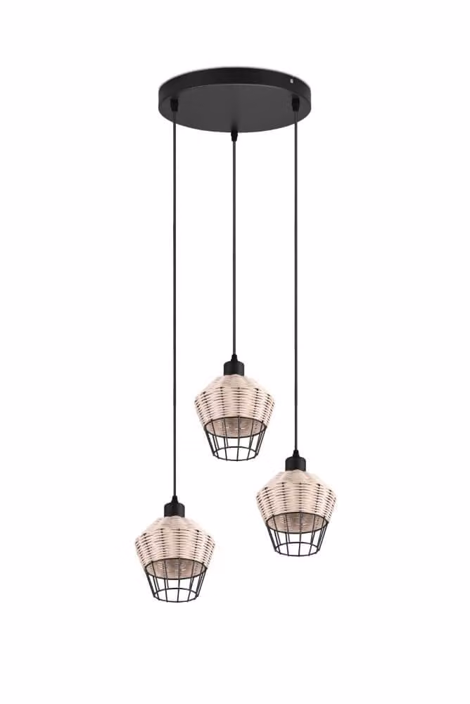 Reality Leuchten Borka hanglamp Trio - Rotan en metaal - Zwart/Bruin