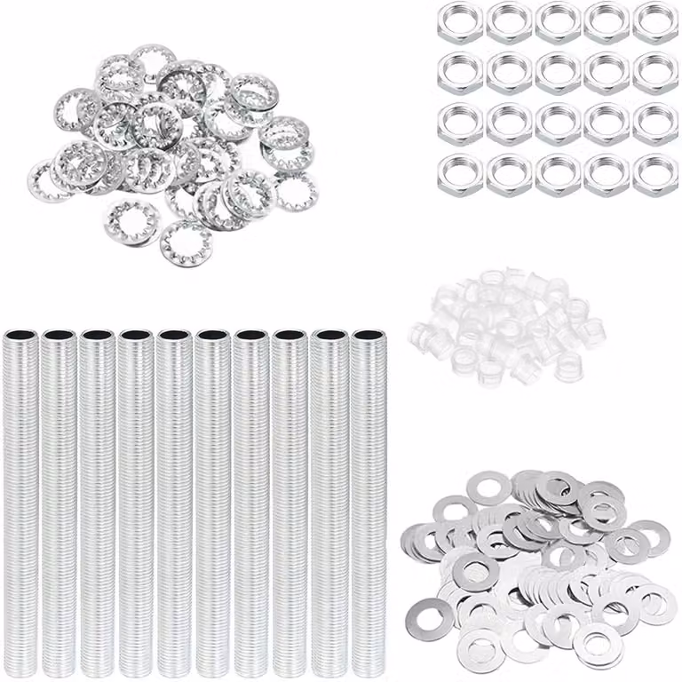 M10 schroefdraad lamp buis kit met vergrendelmoeren en sluitringen, zink coating hardware assortiment voor DIY kroonluchter en plafondverlichting