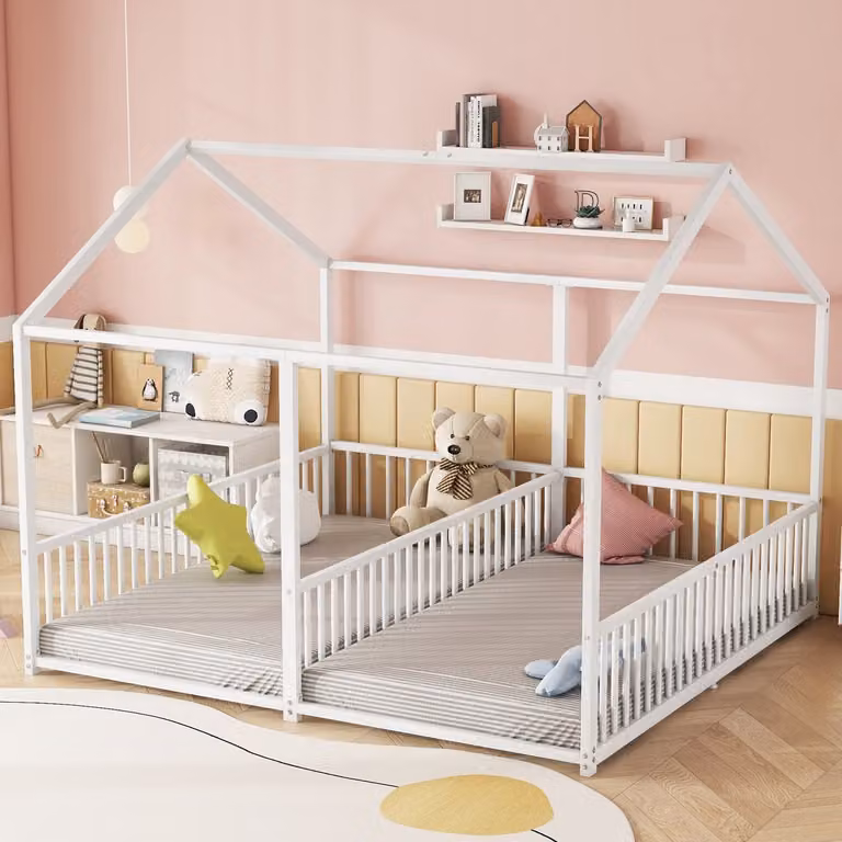 Sweiko Kinderbed met huismodel - Set van 2 metalen stapelbedden - Wit - B/D/H: 90 x 200 cm