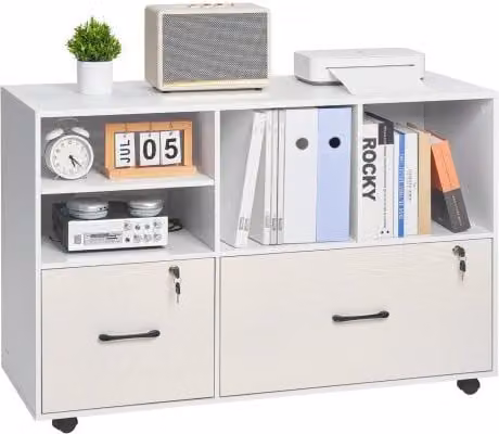 VEVOR Houten archiefkast met 2 lades en vergrendelbaar slot, mobiele kantoorkast met verstelbare planken en zwenkwielen, wit, B/D/H: 73,2 x 40,0 x 108,0 cm