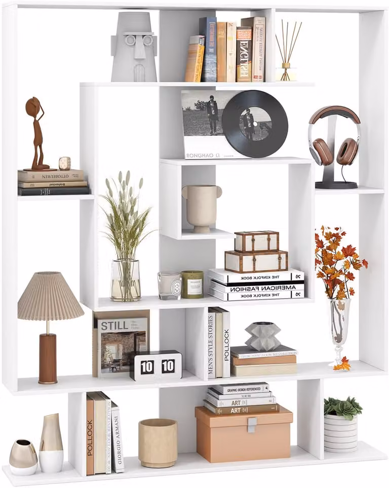 Costway Boekenkast met 7 niveaus en geometrisch ontwerp, wit, B: 125 cm, D: 22 cm, H: 150 cm