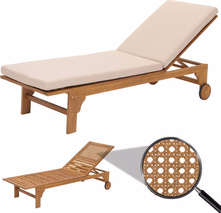 Mendler Zonnebed HWC-N48 van massief acaciahout met crème-beige kussen
