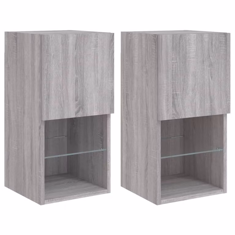 DKD HOME DECOR Set van 2 TV-meubels met LED-verlichting en mediacompartimenten, Grijs Sonoma, B: 30,5 cm, D: 30 cm, H: 60 cm