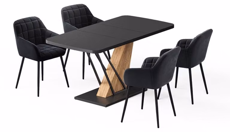 Vicco Fenaro Eettafelset met 4 eetkamerstoelen, Zwart/Goudkleurig Eiken, B: 120 cm, D: 80 cm