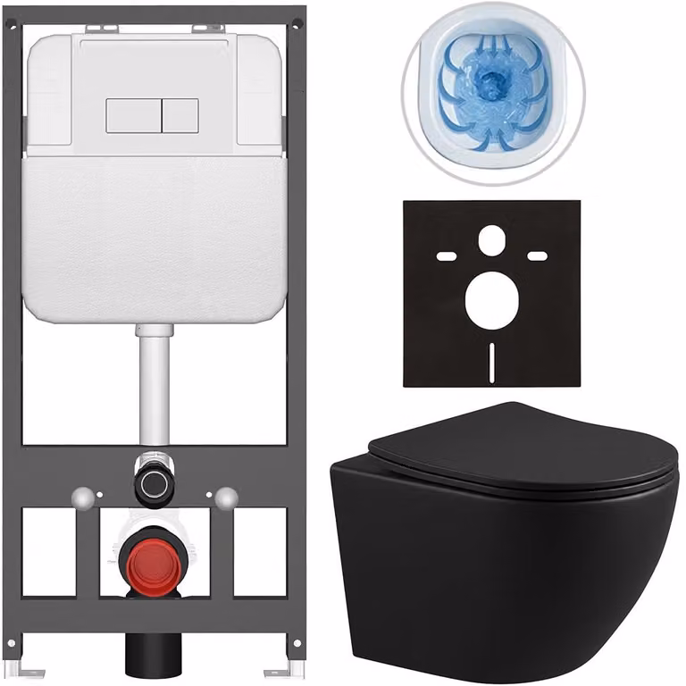 CERANO Toiletset met vloerplaat en hangend toilet, donkergroen mat, bedieningsknop Prime/Modulo wit, voor wandmontage, 49 x 36 cm