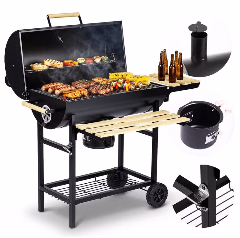 Berdsen BD-895 Tuinbarbecue van houtskool met schoorsteen, opbergvakken, thermometer en asbak, zwart