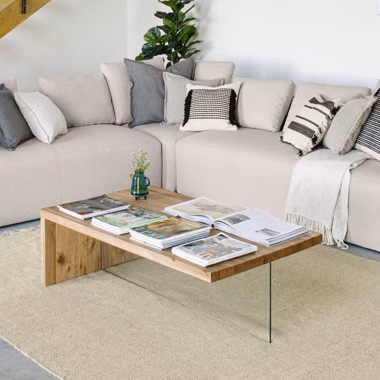 Kave Home Salontafel Tulsi Eiken en Glas, Bruin, B: 120 cm, D: 70 cm, H: 38 cm