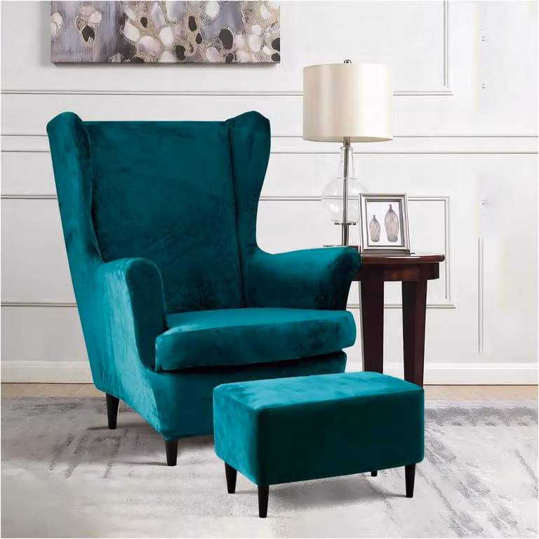 Retro 3-delige oorfauteuil met kruk en katoenen armleuningen, groen