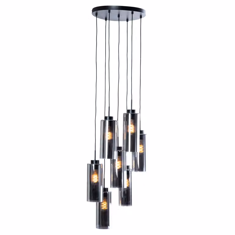 Qazqa Smart hanglamp zwart met grijs rookglas, 7-lichts met Wifi en dimbare LED-lampen