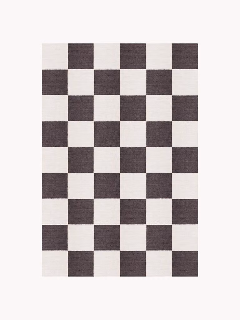 Handgeweven laagpolig wollen vloerkleed Chess Flatweave met checkerboard patroon