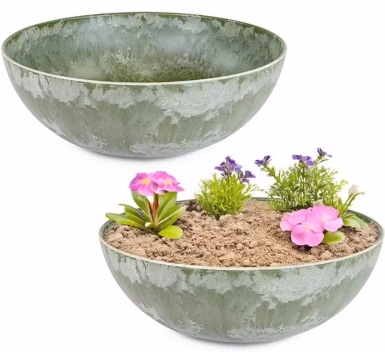 Set van 2 decoratieve plantenbakken voor buiten - Groen gemarmerd - Diameter: 20 cm