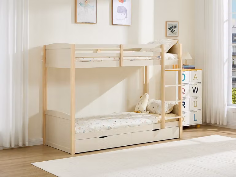 LIMODARA Stapelbed voor kinderen met 2 lades, Grenen en MDF, Beige en naturel, B/D/H: 180 x 90 x 200 cm