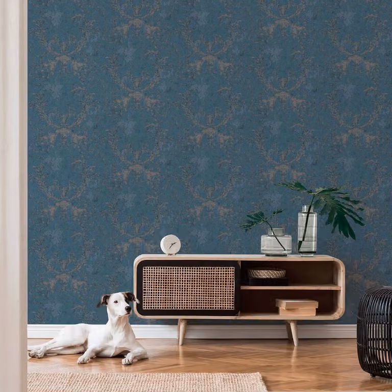 home24 Vliesbehang Vintage Barock Blauw met Bloemenmotief Breedte: 53 cm, Lengte: 1005 cm