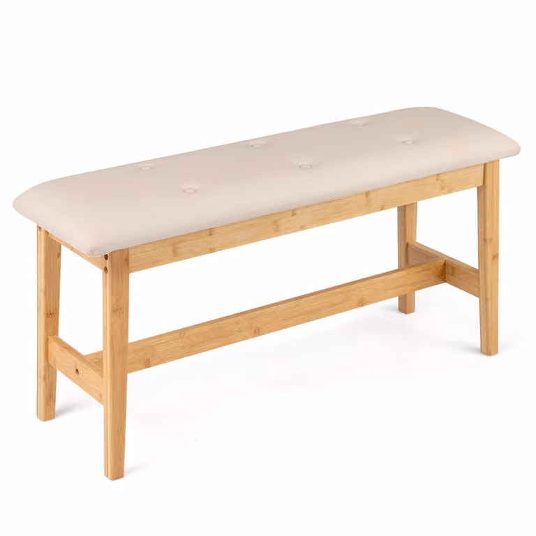 Costway Voetenbank en Kruk met Kunstleren Bekleding in Bamboe Kleur, 100 cm