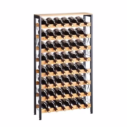VEVOR wijnrek voor 48 flessen, 8-laags vrijstaand metalen flessenrek met houten blad, zwart, B: 22 cm, D: 66 cm, H: 116,9 cm