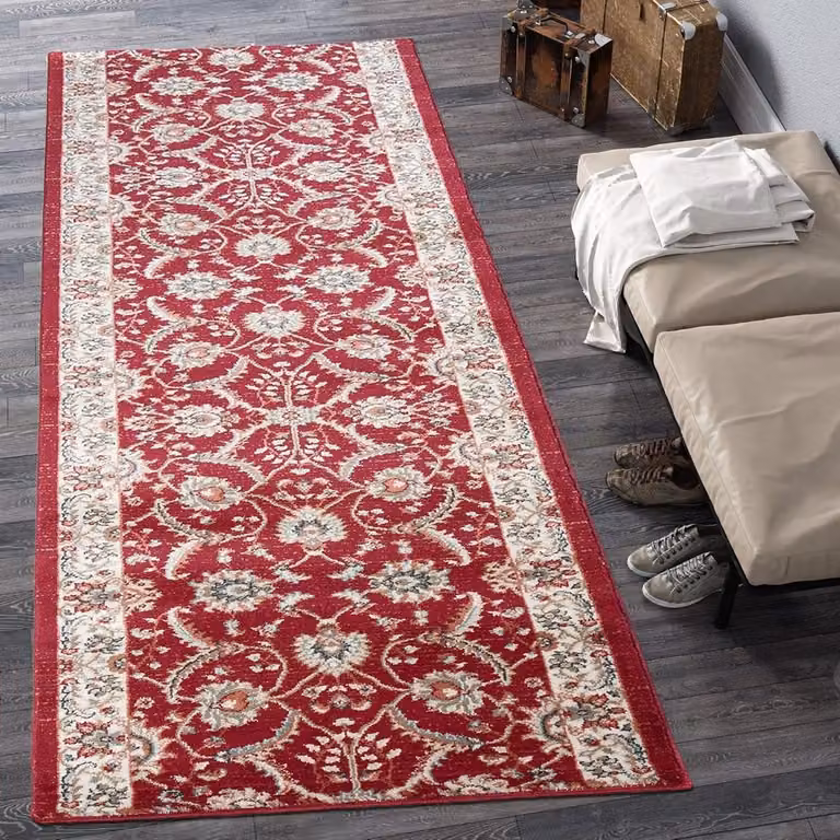 Loper Tapijt Gangloper - Kortpolig Bloemig Vloerkleed - Rood Bourgondië - B: 70 cm, L: 280 cm