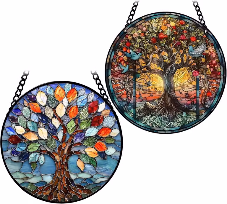 SnelShoppen Set van 2 Sun Catchers Tree of Life - Gevlochten Glas - Kleurrijke Decoratie voor Binnen en Buiten