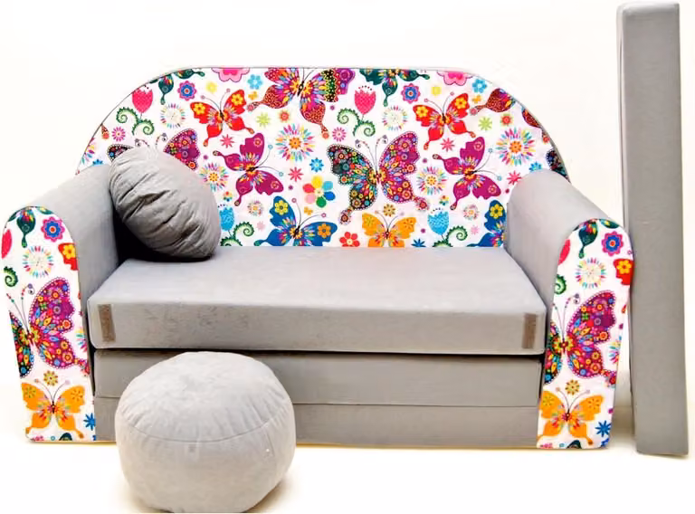 Kindersofa met uittrekbaar bed en kussen in de vorm van een ei