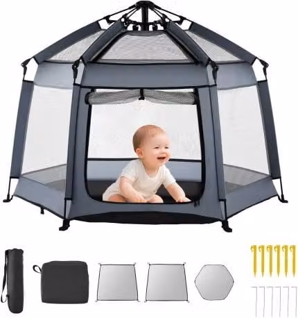 VEVOR Baby Box met luifel, opvouwbare draagbare speeltuin met UPF 50+ zonbescherming en reistas, grijs, B/D/H: 150 x 150 x 106 cm