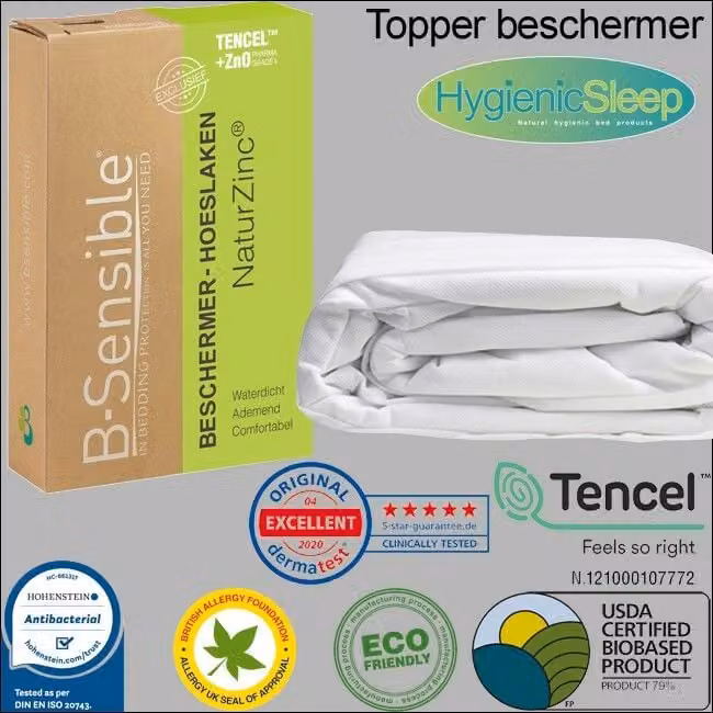 B-sensible Waterdichte matrasbeschermer van Bio Tencel voor toppers, 90 x 220 cm, tot 13 cm hoog