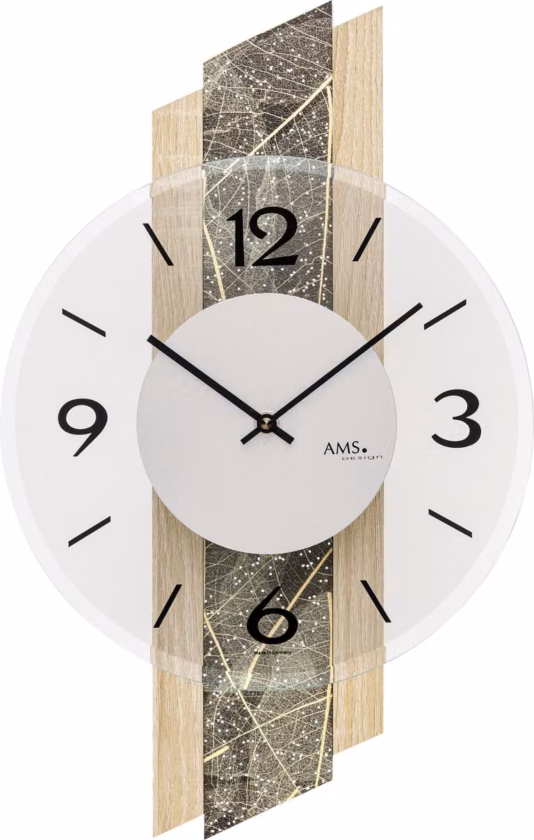 AMS W9664 wandklok met Sonoma-hout, natuurlijke bladeren en Swarovski-kristallen