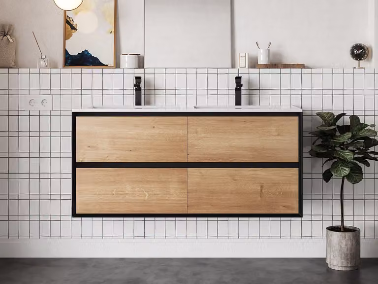 LANNICK Zwevend badkamermeubel met inbouwwastafel, Licht naturel en zwart, Breedte: 120 cm