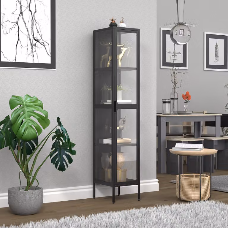 home24 Staande vitrinekast Floka zwart met glazen deuren B: 30 cm, H: 160 cm, D: 35 cm