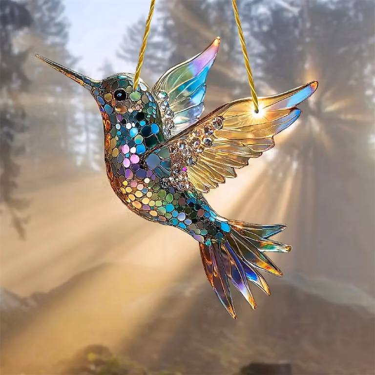 Suncatcher Kolibrie Glittering - Glanzende Acryl Raamdecoratie Hanger - 8 cm