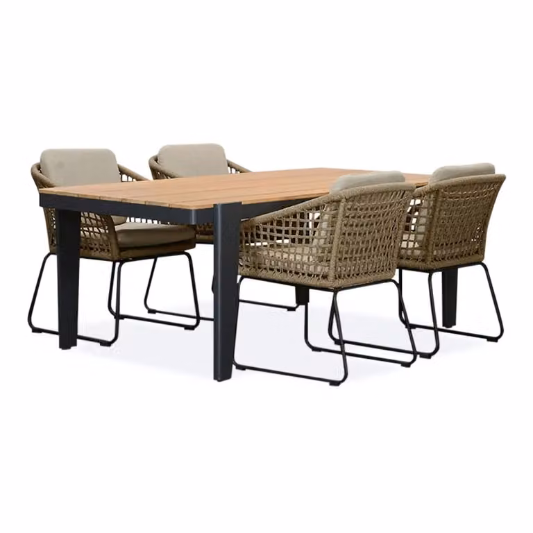 Vigo/Tulum Sahara Dust eettafelset voor 4 personen van teakhout en touw, 200 cm