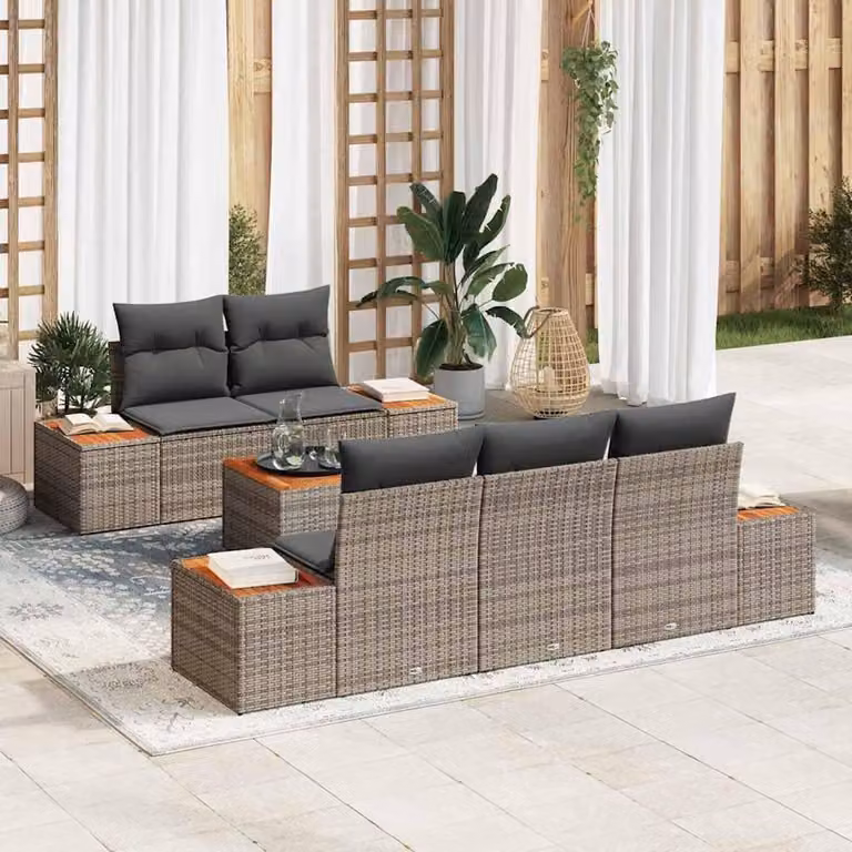 Moderne 6-delige rotan tuinbank set met stalen frame en afneembare hoezen in het grijs