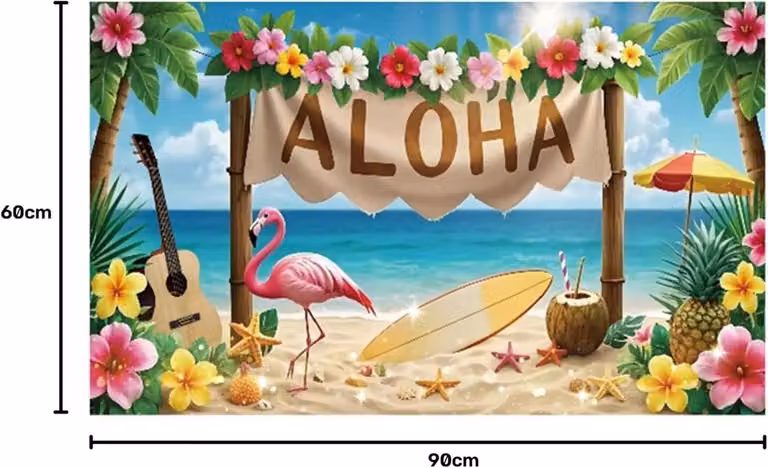 Tropische Strand Wanddecoratie met Flamingo en Surfplank voor een Kleurrijke Hawaiian Vibe