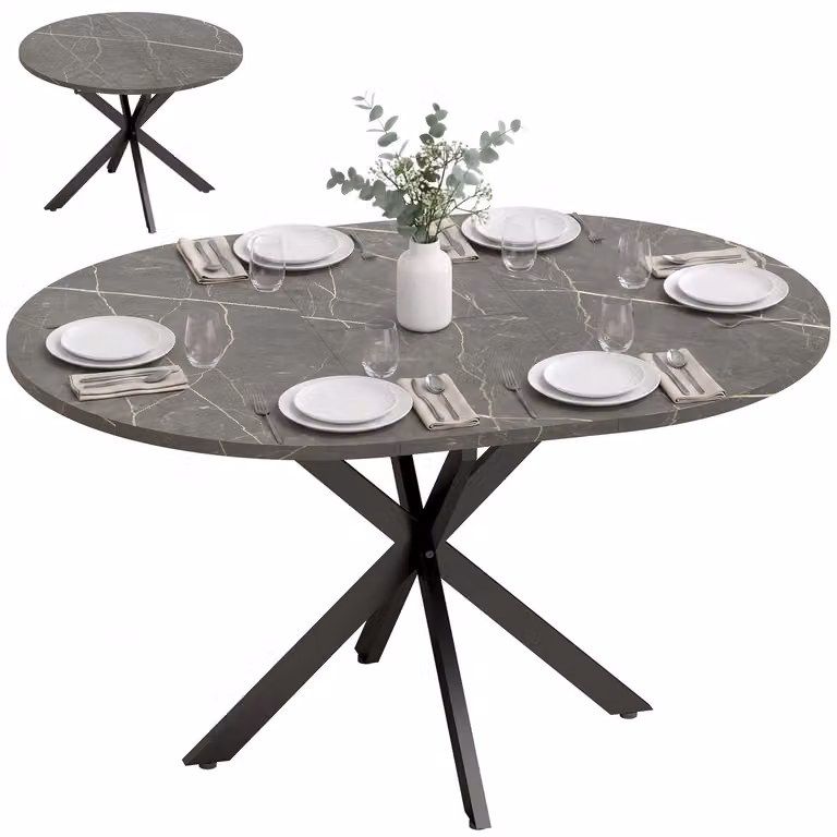 HOMCOM Uitschuifbare Eettafel voor 4-6 Personen, Ronde naar Ovale Keukentafel met Vlinderblad en X-Frame, Zwart Marmerlook, B/D/H: 135 x 100 x 75 cm