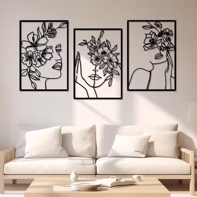 Set van 3 zwarte metalen wanddecoraties met abstract grafisch ontwerp