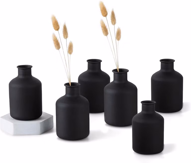 Set van 6 zwarte metalen mini vazen voor droogbloemen