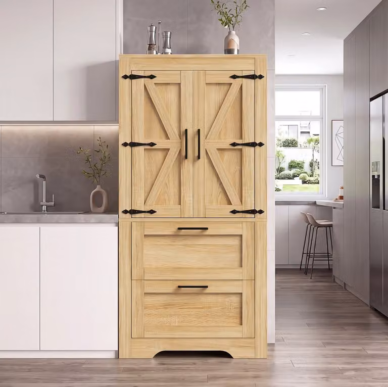 MODFU Keukenkast in Landhuisstijl met Verstelbare Legplanken en Deuren met Lades, Naturel MDF