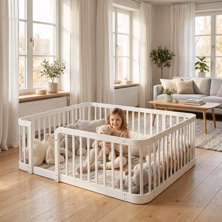 Clruro Modulaire babybox met veilige spijlafstand en afgeronde hoeken, wit, 140 x 200 cm