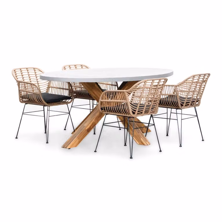 Livorno/Lola dining tuinset voor 4 personen met betonlook en wicker, 200 cm ovaal