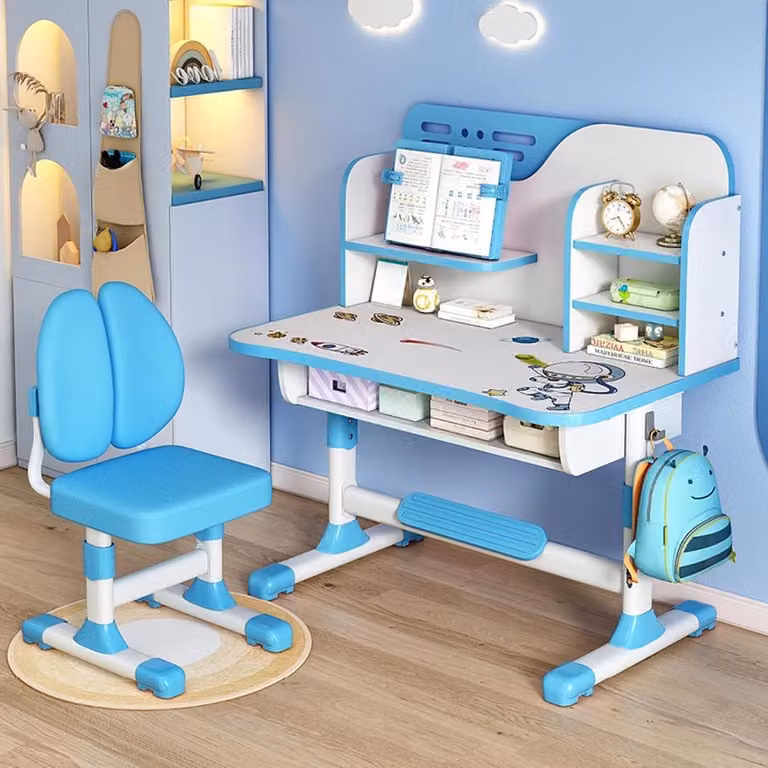Blauwe Kinderbureau en Stoel Set met Lade en In hoogte Verstelbare Studeertafel - B: 105 cm, D: 72 cm, H: 48 cm