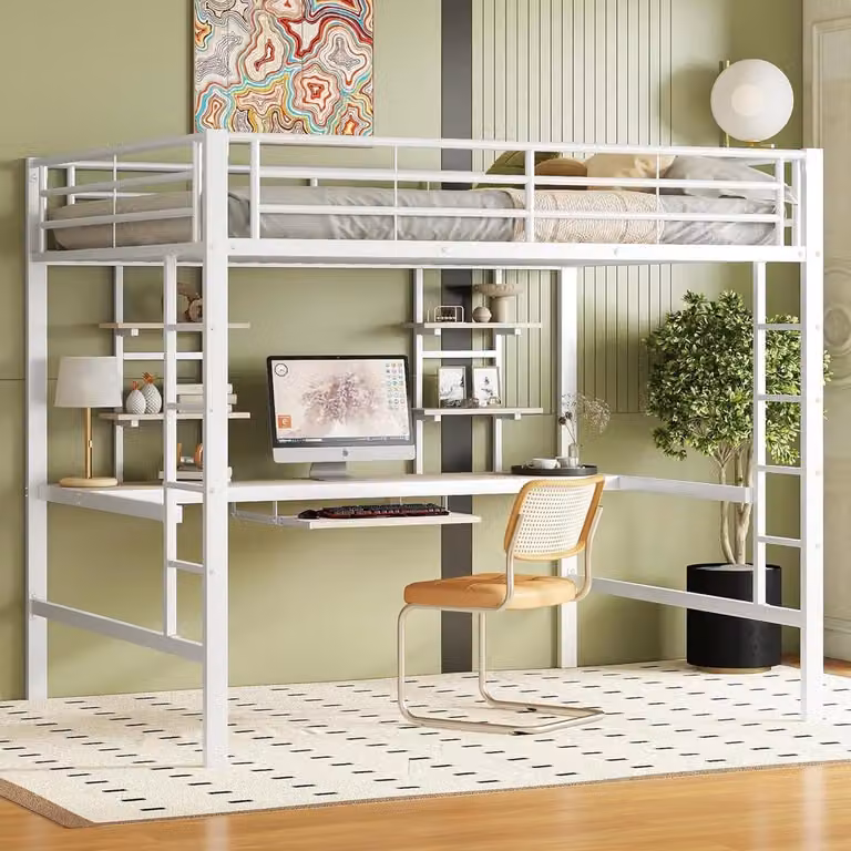 Wit metalen hoogslaper voor kinderen met bureau en boekenplanken, B/D/H: 140 x 200 cm