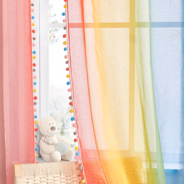Transparante woonkamer gordijnen met gekleurde pompons voor kinderkamers, 132 x 220 cm