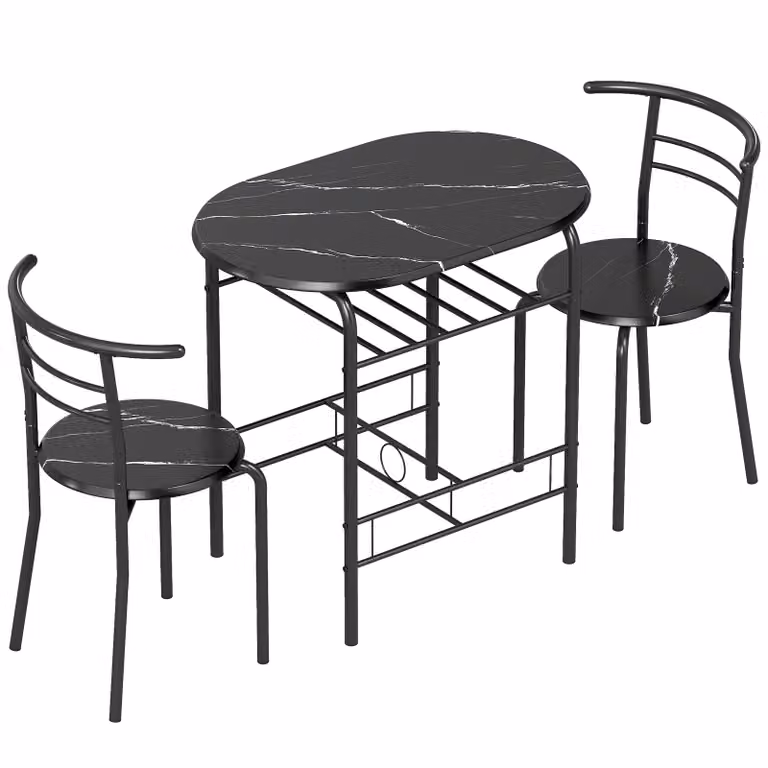 HOMCOM Eetkamer set 3-delig met keukentafel en 2 stoelen met plank, zwarte marmerlook
