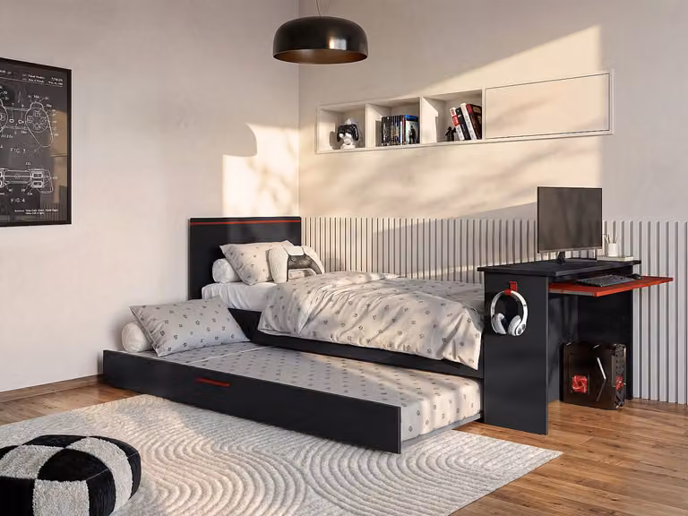 VOUANI Gamer bed met bureau en ledverlichting, Antraciet/Rood/Zwart, B/D/H: 180 x 90 x 200 cm