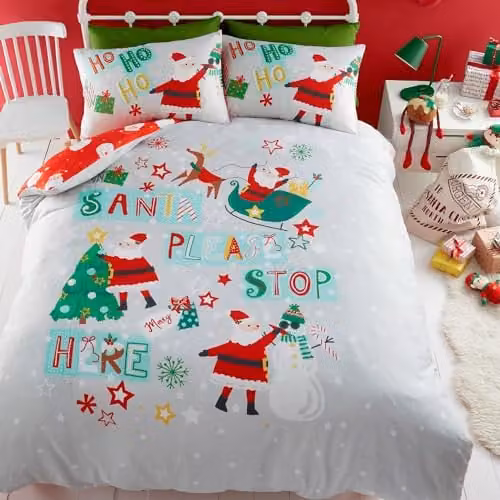 Bedlam Cartoon Santa Please Stop Here Dekbedovertrek - Tweepersoons - 200 x 200 cm - Omkeerbaar met 2 ontwerpen en 2 kussenslopen
