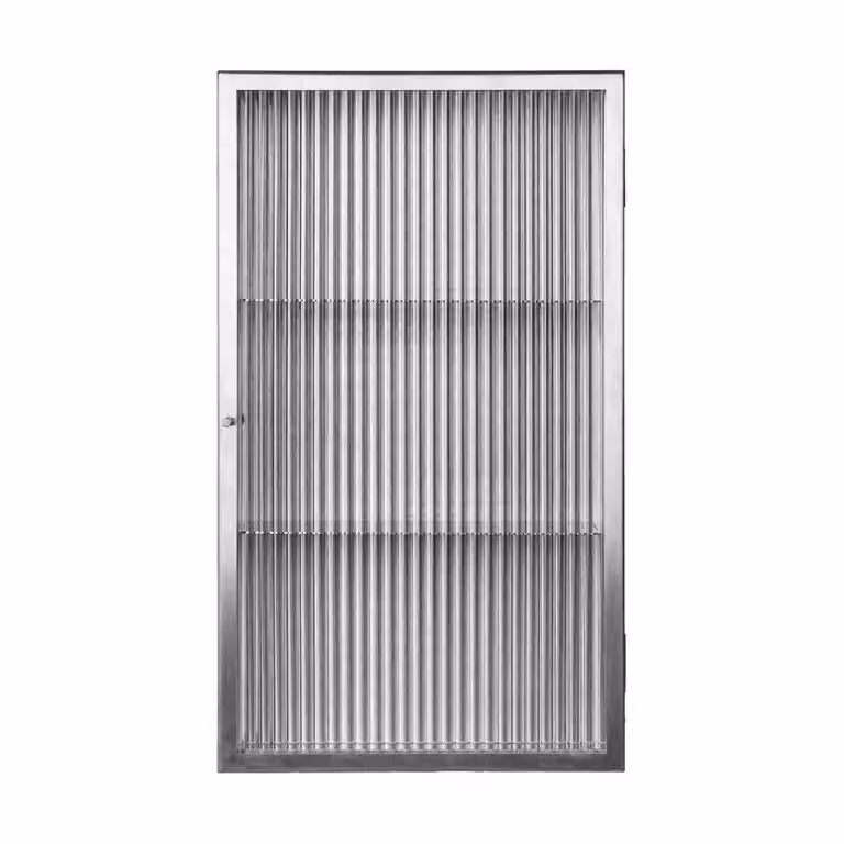 Ferm Living Haze wandkastje met geribbeld glas en roestvrijstalen details