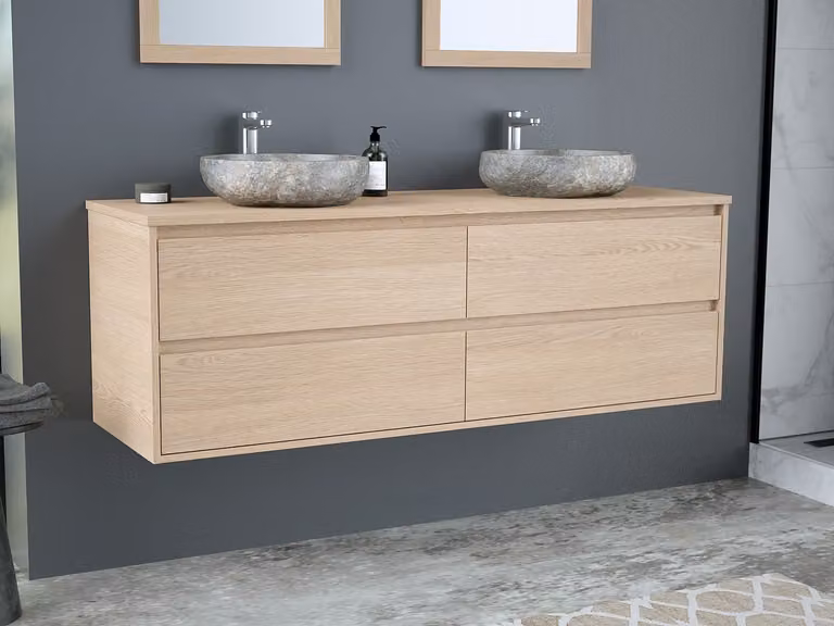 MILIPAM Hangmeubel voor badkamer met dubbele wastafel in eikenfineer en steen - 150 cm