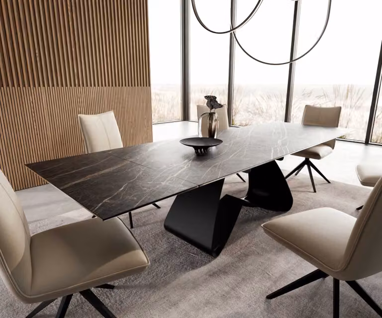 DELIFE Eetkamertafel Edge uitschuifbaar met keramiek Laminam Noir Desir bruin en zwart W-frame