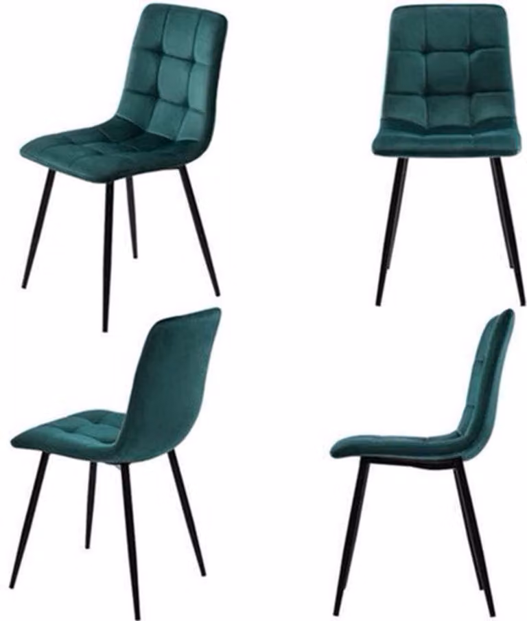 Set van 4 donkergroene fluwelen kuipstoelen met metalen frame voor de eetkamer